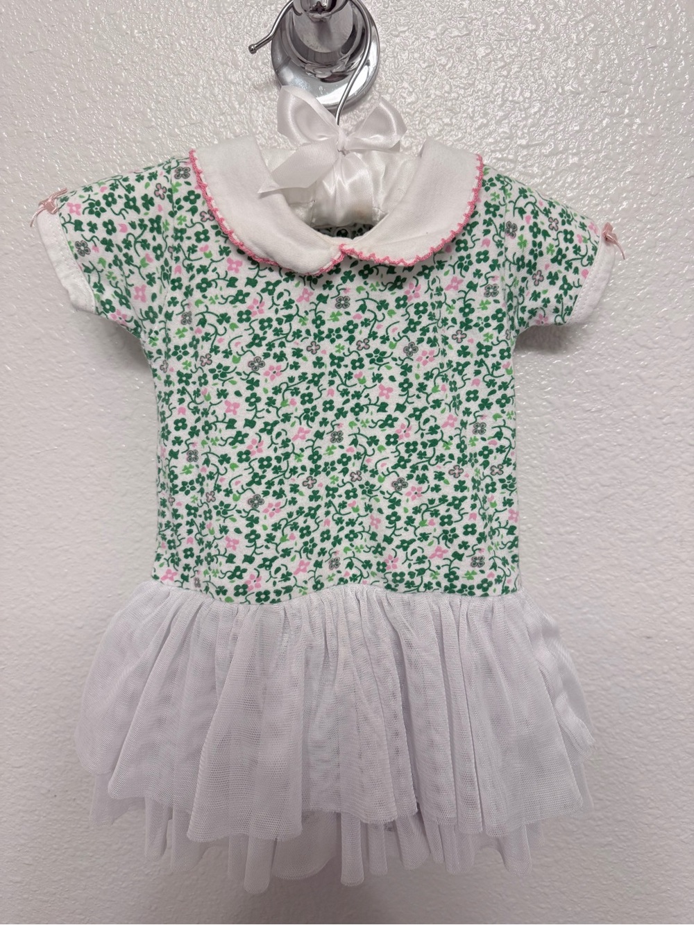 Baby Floral Tutu Dress with Peter Pan Collar - White, Green, Pink